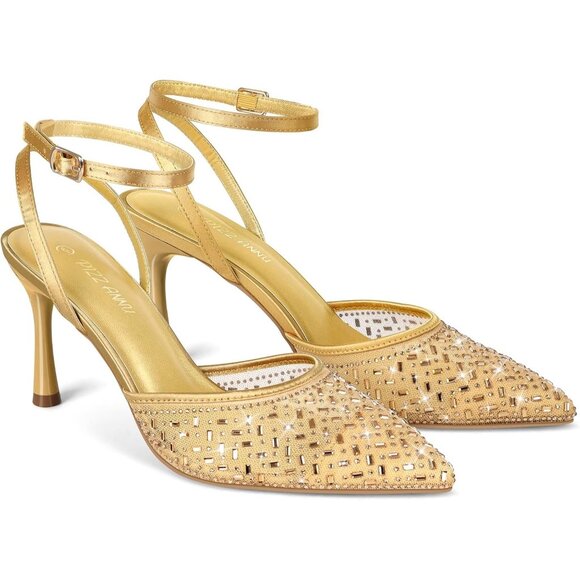 Women's Gold Mesh Sparkly Rhinestones Cienna High Heels Stiletto Pumps Shoes - Picture 2 of 7
